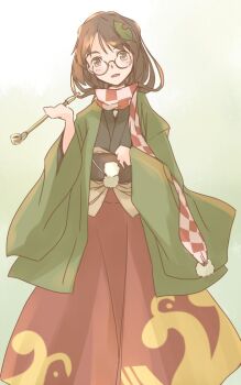 1girl black_kimono black_sash blush brown_eyes checkered_clothes checkered_scarf commentary_request feet_out_of_frame futatsuiwa_mamizou futatsuiwa_mamizou_(human) gradient_background green_background green_kimono hair_ornament head_tilt holding holding_smoking_pipe japanese_clothes kimono leaf_hair_ornament long_sleeves looking_at_viewer medium_hair no_fingers obi one-hour_drawing_challenge open_mouth pom_pom_(clothes) rangycrow red_scarf red_skirt round_eyewear sash scarf skirt smoking_pipe solo touhou