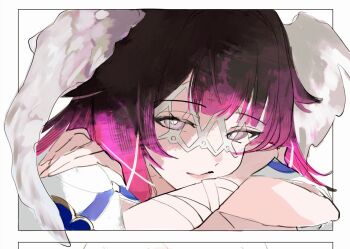 1girl black_hair blunt_bangs border bright_pupils close-up closed_mouth columbina_(genshin_impact) crossed_arms genshin_impact gradient_hair grey_eyes hands_on_own_shoulders head_on_arm head_rest head_wings highres looking_at_viewer multicolored_hair pink_hair pink_lips sa_3987 simple_background solo unfinished white_background white_border white_pupils white_wings wings