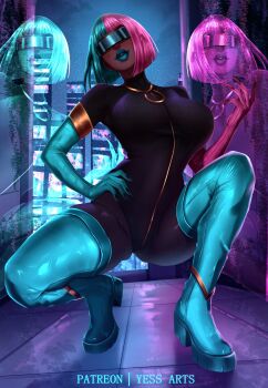 Rule 34 | 1girl, absurdres, aqua-tinted eyewear, aqua boots, aqua gloves, aqua hair, aqua lips, artist name, asymmetrical gloves, black bodysuit, bodysuit, boots, breasts, commentary, dark-skinned female, dark skin, dispatch, elbow gloves, english commentary, gloves, highres, hologram, large breasts, mismatched gloves, multicolored hair, pink gloves, pink hair, prism (dispatch), short hair, split-color hair, squatting, thigh boots, tinted eyewear, very dark skin, yessarts