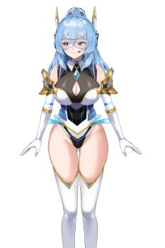 1girl antennae armor blue_hair boots breasts chest_jewel cleavage cleavage_cutout clothing_cutout gloves headphones highres indie_virtual_youtuber large_breasts leotard long_hair looking_to_the_side model official_art saincisco smile solo thighhighs thighs transparent_background virtual_youtuber visor_(armor) vtuber_animations white_leotard