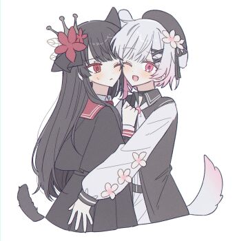 2girls animal_ears beret black_capelet black_choker black_coat black_dress black_hair black_hat black_shirt black_skirt capelet cat_ears cat_girl cat_tail cheek-to-cheek choker closed_mouth coat collared_coat collared_shirt commentary_request crown dog_ears dog_girl dog_tail dress eh_1315 flower flower-trimmed_sleeves gradient_hair hair_flower hair_ornament hat hat_flower hat_ribbon heads_together highres hug kemonomimi_mode korean_commentary long_hair long_sleeves mahou_shoujo_no_majo_saiban multicolored_hair multiple_girls neck_ribbon nikaido_hiro one_eye_closed open_mouth pink_eyes pink_hair puffy_sleeves red_eyes red_flower ribbon sakuraba_ema shirt short_hair side_capelet simple_background skirt smile tail white_background white_flower white_hair white_ribbon white_shirt white_sleeves x_hair_ornament