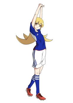 1girl anime_coloring arched_back arms_up blonde_hair blue_shirt blue_socks blue_theme blush_stickers breasts child cleats closed_mouth collarbone commentary_request fangs full_body guchiknight highres knee_blush kneehighs long_hair looking_at_viewer medium_eyebrows monogatari_(series) official_style orange_shoes oshino_shinobu red_trim shirt shoelaces shoes short_sleeves shorts simple_background skin_fangs small_breasts soccer_uniform socks solo sportswear standing stretching striped_clothes very_long_hair wavy_mouth white_background white_shorts yellow_eyes