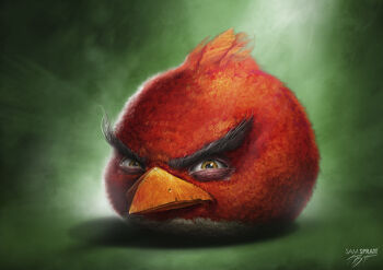 1boy angry angry_birds animal_focus artist_name beak bird brown_eyes feathers full_body green_background looking_at_viewer realistic red_(angry_birds) red_feathers sam_spratt signature solo thick_eyebrows