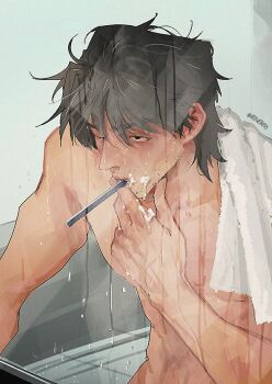 1boy bags_under_eyes bathroom black_eyes black_hair bloodshot_eyes brushing_teeth commentary_request condensation exhausted holding holding_toothbrush indoors korean_commentary leaning_forward male_focus nude omniscient_reader&#039;s_viewpoint one_eye_closed roventus short_hair solo tile_floor tiles toothbrush towel towel_on_one_shoulder water_drop window_fog yoo_joonghyuk