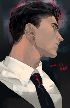 1boy 2026 adam's_apple black_hair black_jacket black_necktie black_suit chinese_text collared_shirt commentary dated formal_clothes green_eyes hair_slicked_back highres jacket jing84672940 limbus_company looking_ahead male_focus meursault_(project_moon) necktie photo-referenced portrait profile project_moon shirt short_hair solo suit symbol-only_commentary thick_eyebrows white_shirt