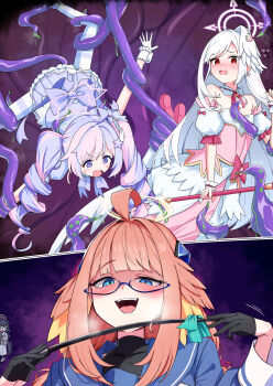 3girls :d absurdres ahoge black_gloves blue-framed_eyewear blue_archive blue_eyes blush detached_sleeves dress drill_hair feather_hair glasses gloves halo head_wings highres long_hair long_sleeves magical_girl multiple_girls ojou-sama_pose open_mouth orange_hair pink_hair pink_halo puffy_short_sleeves puffy_sleeves purple_eyes purple_hair red_eyes reisa_(blue_archive) reisa_(magical)_(blue_archive) restrained semi-rimless_eyewear shimiko_(blue_archive) shimiko_(magical)_(blue_archive) short_sleeves single_head_wing smile star_halo surume_factory suzumi_(blue_archive) suzumi_(magical)_(blue_archive) teeth tentacles turtleneck twin_drills twintails under-rim_eyewear wand white_hair wings yellow_halo