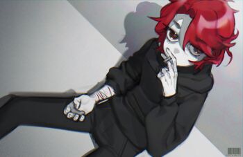 Rule 34 | 1girl, black hoodie, black pants, cigarette, commentary, english commentary, grey background, highres, holding, holding cigarette, hood, hood down, hoodie, original, pale skin, pants, pita-potato, red eyes, red hair, self-harm scar, short hair, sitting, smoking, solo