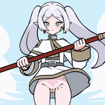 1girl animated animated_gif earrings elf flying frieren gluteal_fold green_eyes grey_hair holding holding_staff jewelry kuma_cacophony no_panties pointy_ears pubic_tattoo pussy sky sousou_no_frieren staff tally tattoo twintails uncensored wind wind_lift