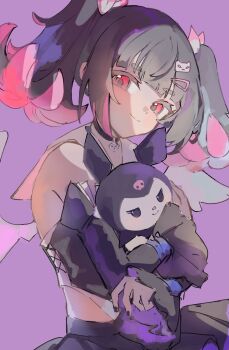 1girl absurdres bare_shoulders black_choker black_hair black_nails black_shirt choker closed_mouth colored_inner_hair commentary detached_sleeves doll english_commentary hair_ornament hairclip highres holding holding_doll kuromi looking_at_viewer multicolored_hair nangong_yu nangong_yu_(rhapsody's_muse) official_alternate_costume purple_background red_eyes rimu_(ringokurimu) sanrio shirt short_twintails simple_background smile solo twintails upper_body white_wings wings zenless_zone_zero