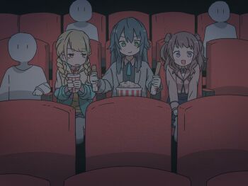 3girls 3others absurdres bald blazer braid churro coat cup disposable_cup eating food fujita_kotone gakuen_idolmaster grey_coat hair_flaps hanami_saki hatsuboshi_gakuen_school_uniform highres holding holding_cup idolmaster indoors jacket mob_face movie_theater multicolored_jacket multiple_girls multiple_others popcorn school_uniform shimotsu. sitting straight-on tsukimura_temari twin_braids two_side_up watching |_|