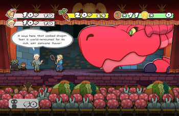 1girl 4boys armor beard blonde_hair book braid braided_ponytail brown_hair chibi chilchuck_tims coin colored_sclera commentary curtains duckmeat_woohoo dungeon_meshi english_commentary english_text facial_hair fake_screenshot golem_(dungeon_meshi) green_eyes helmet highres holding holding_book indoors laios_touden living_armor_(dungeon_meshi) mandrake_(dungeon_meshi) marcille_donato mario_(series) multiple_boys mustache nintendo paper_mario paper_mario:_the_thousand-year_door parody red_dragon_(dungeon_meshi) senshi_(dungeon_meshi) speech_bubble standing style_parody walking_mushroom_(dungeon_meshi) yellow_sclera zon_(dungeon_meshi)