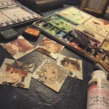 Rule 34 | 5girls, acrylic paint (medium), art supplies, artist request, bottle, brown eyes, brown hair, close-up, commentary request, desk, earrings, english text, green eyes, hair ornament, hat, highres, indoors, jewelry, karintoun, multiple girls, original, paint palette, painting (medium), photo (medium), simple background, table, traditional media, watercolor (medium)