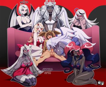 1boy 6+girls barefoot blonde_hair blush breasts carmilla_carmine_(hazbin_hotel) censored charlie_morningstar cleavage colored_sclera cosplay dark-skinned_female dark_skin eevee emily_(hazbin_hotel) erection fellatio female_focus gen_1_pokemon halo harem hazbin_hotel hellaverse highres jadenkaiba large_breasts long_hair lute_(hazbin_hotel) mosaic_censoring multiple_girls nintendo oral pale_skin pokemon red_sclera sera_(hazbin_hotel) short_hair shota thighhighs twintails vaggie velvette_(hazbin_hotel) white_hair wings