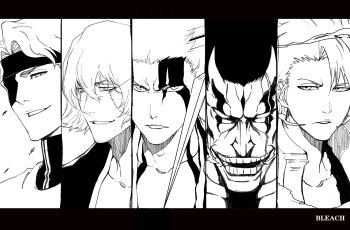 5boys :d aged_up aizen_sousuke beard_stubble bleach bleach:_sennen_kessen-hen blood bloody_tears breath chinese_commentary collarbone commentary_request copyright_name daiguren_hyourinmaru_(bankai) demon_horns eyepatch facial_hair facial_mark greyscale hair_between_eyes heterochromia highres hitsugaya_toushirou hitsugaya_toushirou_(adult) horn_of_salvation horns kurosaki_ichigo letterboxed looking_at_viewer looking_to_the_side male_focus monochrome multiple_boys one_eye_covered open_mouth parted_lips portrait scar scar_across_eye scar_on_face shaolong simple_background single_horn smile smirk stitched_face stitches stubble teeth urahara_kisuke white_background zaraki_kenpachi