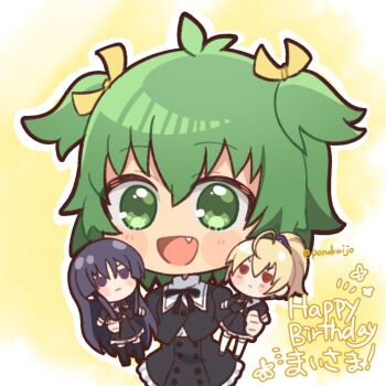 1girl :d ando_tazusa antenna_hair assault_lily black_ribbon buttons character_doll character_name chibi commentary_request cropped_jacket doll fang frilled_skirt frills gradient_background green_eyes green_hair hair_ribbon hands_up happy_birthday high-waist_skirt holding holding_doll long_sleeves looking_at_viewer neck_ribbon open_mouth ponokaijo ribbon school_uniform shirai_yuyu skirt smile solo standing twitter_username two_side_up yellow_background yellow_ribbon yoshimura_thi_mai yurigaoka_girls_academy_school_uniform