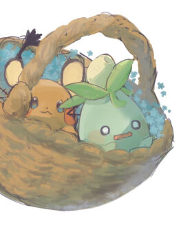 :3 animal_focus bad_id bad_pixiv_id basket blank_eyes blue_eyes blue_flower blush_stickers butter_(oshi8kyoumoh) closed_mouth dedenne flower gen_6_pokemon in_basket in_container looking_afar nintendo no_humans o_o open_mouth pokemon pokemon_(creature) simple_background sitting smoliv wavy_mouth white_background white_eyes