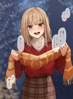 Rule 34 | 1girl, absurdres, blonde hair, breasts, brown hair, brown skirt, christmas, commentary request, eyes visible through hair, heart, highres, holding, holding unworn clothes, holding unworn scarf, large breasts, long hair, mole, mole under eye, open mouth, orange scarf, original, papino, plaid clothes, plaid skirt, red sweater, scarf, skirt, smile, solo, speech bubble, spoken heart, sweater, sweater tucked in, translation request, unworn scarf