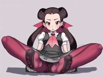 1girl blush brown_hair feet long_hair looking_at_viewer nintendo panties panties_under_pantyhose pantyhose pantyshot parted_lips pokemon pokemon_oras red_eyes red_pantyhose roxanne_(pokemon) soles steam toes underwear vchii_usagi