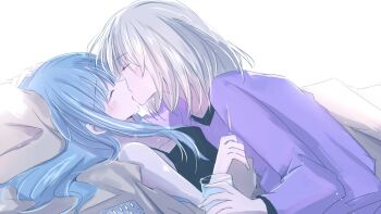 2girls 55ddee bang_dream! bang_dream!_it&#039;s_mygo!!!!! black_camisole blister_pack blonde_hair blue_hair blush camisole closed_eyes cup french_kiss hand_on_another&#039;s_head holding holding_cup kiss medium_hair misumi_uika multiple_girls purple_sweater simple_background sweater togawa_sakiko water white_background yuri