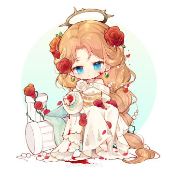 1girl absurdly_long_hair absurdres aqua_background bare_shoulders barefoot bead_necklace beads blood blood_drip blood_on_clothes blood_on_face blood_on_hands blue_eyes border braid brooch brown_hair brown_halo chibi chinese_commentary closed_mouth commentary_request dot_nose downturned_eyes dress earrings expressionless eyelashes flower flower_brooch gown hair_beads hair_flower hair_ornament hair_spread_out halo highres jewelry leaf light_blush light_frown long_dress long_hair long_sleeves looking_at_flowers miracle_nikki necklace nikki_(series) nuli_de_chengzhi_er off-shoulder_dress off_shoulder outside_border parted_bangs petals pillar pleated_dress pool_of_blood puffy_long_sleeves puffy_sleeves red_flower red_rose rose rose_petals rose_sea_dream_(miracle_nikki) round_border single_braid sitting solo sphere_earrings spiked_halo very_long_hair watermark weibo_watermark white_border white_dress white_flower white_rose