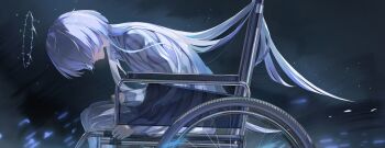 1girl absurdres bent_over chinese_commentary closed_mouth commentary_request from_side grey_hair halo highres huqu_(huqu45712) long_hair mornye_(wuthering_waves) see-through_body shirt solo striped_clothes striped_shirt wheelchair white_shirt wuthering_waves