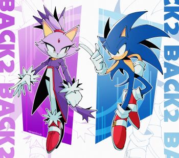 1boy 1girl absurdres animal_ears artist_name blaze_the_cat blue_fur cat_ears cat_girl cat_tail forehead_jewel fur-trimmed_gloves fur_trim furry furry_female furry_male gloves green_eyes highres jacket pink_shoes ponytail purple_fur purple_jacket red_shoes shoes smile sonic_(series) sonic_rush sonic_the_hedgehog tail trizziefrizzie white_gloves yellow_eyes