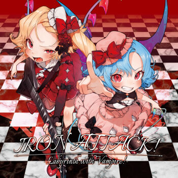 2girls album_cover album_name alternate_costume alternate_hairstyle bat_wings blonde_hair blue_hair blush bow checkered_floor circle_name cleavage_cutout clothing_cutout commentary_request cover crystal crystal_wings dress english_text fang flandre_scarlet gotoh_(nekocat) grin guitar hair_bow hairstyle_request hat hat_bow highres holding holding_guitar holding_instrument holding_plectrum instrument iron_attack! juliet_sleeves long_hair long_sleeves looking_at_viewer mob_cap multiple_girls multiple_hair_bows open_mouth pink_dress pink_hat plectrum pointing pointing_at_viewer pointy_ears puffy_sleeves red_bow red_dress red_eyes red_nails red_shoes remilia_scarlet second-party_source shoes siblings sisters smile touhou white_hat wings