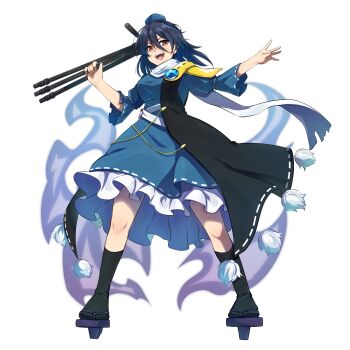 1girl armor black_hair black_socks blue_dress coat dress full_body game_cg geta hakurei_frontier_spell_strive hat highres holding holding_tripod iizunamaru_megumu kneehighs long_hair long_sleeves looking_at_viewer official_art open_mouth pauldrons pom_pom_(clothes) purple_sandals red_eyes sandals scarf shoulder_armor shoulder_guard single_pauldron sleeveless sleeveless_coat smile socks solo take_no_ko_(4919400) tengu-geta third-party_source tokin_hat touhou transparent_background tripod white_scarf