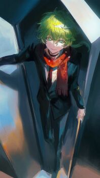 1boy binxngchng1 black_jacket black_pants bright_pupils double-parted_bangs full_body green_eyes green_hair hair_between_eyes highres jacket kimi_ga_shine long_hair long_sleeves looking_at_viewer male_focus midori_(kimi_ga_shine) necktie pants parted_lips red_necktie red_scarf scarf smile solo standing white_pupils