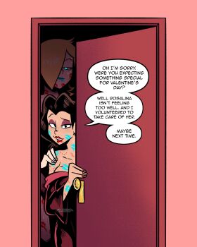 Rule 34 | 2girls, bite mark, bite mark on arm, bite mark on breast, bite mark on shoulder, bite mark on thigh, blonde hair, blue lips, body freckles, brandon santiago, brown hair, clothed female nude female, door, eyeshadow, freckles, hair over one eye, hand on another's shoulder, highres, implied after sex, interrupted, lipstick, lipstick mark, lipstick mark on breast, lipstick mark on cheek, lipstick mark on face, lipstick mark on leg, lipstick mark on neck, lipstick mark on shoulder, looking at viewer, makeup, mario (series), multiple girls, nintendo, nude, off shoulder, open door, pauline (mario), red lips, robe, rosalina, smeared lipstick, smile, speech bubble, yuri