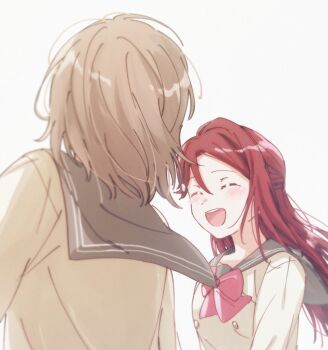 2girls absurdres blush bow bowtie brown_hair commentary_request dot_nose facing_viewer from_behind grey_hair head_tilt highres laughing long_hair looking_at_another looking_to_the_side love_live! love_live!_sunshine!! multiple_girls open_mouth red_bow red_bowtie red_hair sakurauchi_riko school_uniform short_hair simple_background smile teeth upper_body upper_teeth_only uranohoshi_school_uniform walking watanabe_you wavy_hair white_background winter_uniform yuchi_(salmon-1000) yuri