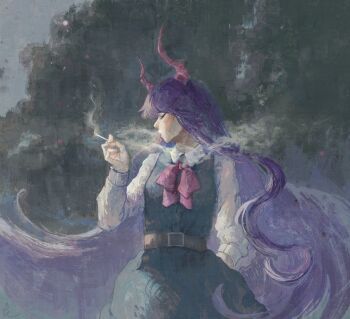 1girl blowing_smoke cigarette closed_eyes collared_shirt commentary_request dress ge_dazuo grey_dress hand_in_pocket hand_up highres holding holding_cigarette horns long_hair long_sleeves neck_ribbon original outdoors pinafore_dress profile purple_hair red_horns red_ribbon revision ribbon shirt sleeveless sleeveless_dress smoke smoking solo very_long_hair white_shirt