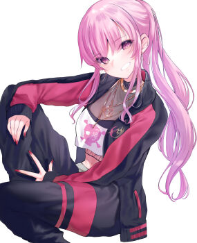 1girl absurdres black_jacket black_pants closed_mouth commentary english_commentary highres hololive hololive_english jacket kanae_(inorin05kanae) long_hair looking_at_viewer mori_calliope mori_calliope_(streetwear) nail_polish official_alternate_costume pants pink_hair ponytail purple_eyes red_nails shirt smile solo very_long_hair virtual_youtuber white_background white_shirt