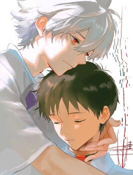 2boys black_hair closed_eyes collared_shirt commentary double-parted_bangs hair_between_eyes highres ikari_shinji male_focus multiple_boys nagisa_kaworu neon_genesis_evangelion red_eyes shirt short_hair short_sleeves soraaaa53 symbol-only_commentary upper_body white_background white_hair white_shirt