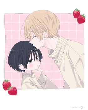 2boys age_difference black_hair blonde_hair blush border food fruit kiss kissing_forehead male_focus multiple_boys original pink_background strawberry wrmg_hmhm yaoi