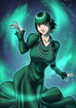 1girl black_dress black_hair breasts carman-art contrapposto dress fubuki_(one-punch_man) green_eyes green_hair highres jewelry large_breasts long_sleeves necklace one-punch_man psychic short_hair simple_background smile solo solo_focus telekinesis