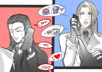 ! 1other 2boys ? animal bindi black_gloves black_hair black_necktie black_suit blonde_hair blue_background blue_eyes cellphone closed_eyes coat collar cup darkstar_(ff7) dog english_text eyebrows eyelashes eyes_visible_through_hair final_fantasy final_fantasy_vii final_fantasy_vii_remake fingerless_gloves food formal_clothes gloves heart high_collar holding holding_paper holding_phone long_hair looking_to_the_side male_focus motion_lines multiple_boys necktie open_mouth panels paper pet pet_food phone red_background rufus_shinra short_hair simple_background speech_bubble square_enix suit sweat talking talking_on_phone tea teeth tseng turks_(ff7) white_coat wing_collar yami_seki yaoi