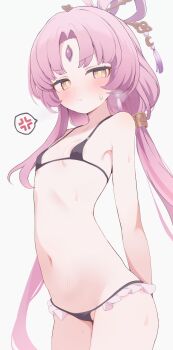 1girl anger_vein bare_shoulders bikini black_bikini blush bow-shaped_hair breasts closed_mouth collarbone commentary_request forehead_jewel fu_xuan_(honkai:_star_rail) hair_ornament hair_stick highres hone_kawa honkai:_star_rail honkai_(series) long_hair looking_at_viewer low_twintails micro_bikini navel parted_bangs pink_hair revision small_breasts solo speech_bubble spoken_anger_vein swimsuit tassel thighs twintails very_long_hair yellow_eyes