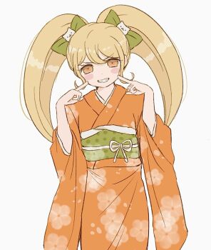 1girl blonde_hair blush_stickers bow cat_hair_ornament cowboy_shot danganronpa_(series) danganronpa_2:_goodbye_despair grin hair_bow hair_ornament highres japanese_clothes kimono long_hair long_sleeves miriiin_dr obi orange_kimono pointing pointing_at_self saionji_hiyoko sash simple_background smile solo teeth twintails
