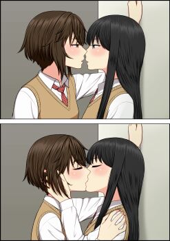 2girls absurdres black_hair brown_eyes brown_hair brown_sweater_vest closed_eyes collared_shirt commentary_request eye_contact grey_eyes hand_in_another's_hair hand_on_another's_shoulder highres imminent_kiss kabedon kiss long_hair looking_at_another multiple_girls necktie original parted_lips red_necktie ryuusa shirt short_hair sweater_vest white_shirt yuri