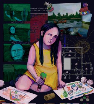 1girl black_hair boat bottle_cap colored_pencil crumpled_paper doll drawing_(object) dress english_text father_and_daughter highres holding holding_doll little_girl_(no_i&#039;m_not_a_human) long_hair magnet map_(object) neighbor_(no_i&#039;m_not_a_human) no_i&#039;m_not_a_human on_boat pencil photo_(object) refrigerator_magnet river russian_text sad sharkker-dude sitting smile watercraft yellow_dress