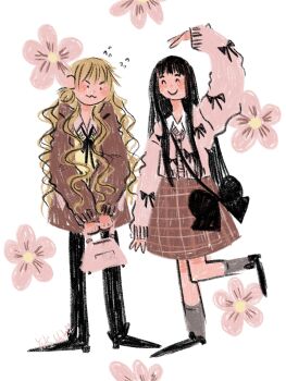 2girls ^_^ arm_up bag black_hair blonde_hair blunt_bangs blush_stickers cardigan closed_eyes commentary english_commentary flower flying_sweatdrops full_body highres holding holding_bag kimi_ni_todoke kuronuma_sawako kurumizawa_ume long_hair multiple_girls pink_cardigan signature skirt smile standing standing_on_one_leg yuki_white12