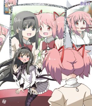 2girls akemi_homura akemi_homura_(magical_girl) back black_eyes black_hair black_pantyhose blush bow brushing_teeth commentary_request dress hairband highres kaname_madoka kaname_madoka_(magical_girl) long_hair mahou_shoujo_madoka_magica multiple_girls open_mouth pantyhose photo_(object) pink_eyes pink_hair standing surprised sweat toothbrush tsugahara_ne_ne twintails upper_body white_dress