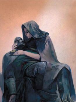 Rule 34 | 1boy, 1girl, black cloak, cape, cloak, closed eyes, couple, cradling head, doctor doom, fantastic four, fine art parody, green cape, green tunic, grey armor, harrypotte35100, hashtag-only commentary, hetero, lady loki, loki (marvel), lying on lap, lying on person, marvel, mask, metal mask, muted color, orange background, parody, pieta, profile, thor (marvel) (series), tunic, unconscious