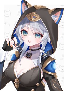 1girl animal_ears animal_hood black_gloves blue_eyes breasts cat_ears cat_girl cat_hood cipher_(honkai:_star_rail) commentary fingerless_gloves gloves grey_hair highres honkai:_star_rail honkai_(series) hood kino_(curry_pan) md5_mismatch medium_breasts mole mole_on_chest no_mole open_mouth revision simple_background smile solo upper_body white_background yellow_nails