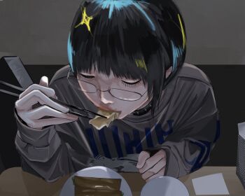 Rule 34 | black choker, black hair, blunt bangs, choker, chopsticks, closed eyes, commentary request, ear piercing, eating, food, food in mouth, four-pointed star, glasses, highres, holding, holding chopsticks, manyu2525, mole, napkin, original, piercing, plate, short hair, spiked choker, spikes, sweater, table, upper body
