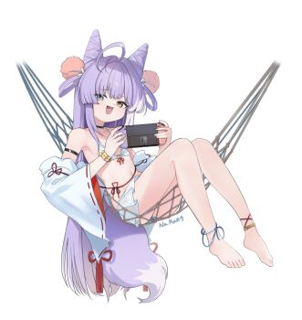 1girl :d ahoge artist_name barefoot bikini bikini_skirt blue_eyes brown_eyes commentary_request cone_hair_bun double_bun fang feet flat_chest fox_girl fox_tail full_body furisode_sleeves hair_bun hair_ornament hair_rings handheld_game_console heterochromia highres holding holding_handheld_game_console korean_commentary kosode long_hair looking_at_viewer multicolored_eyes multicolored_hair nanana_narang navel nintendo_switch on_hammock open_mouth pom_pom_(clothes) pom_pom_hair_ornament purple_hair reclining simple_background smile solo stellive stomach straight_hair streaked_hair swimsuit tail tenko_shibuki toes two-tone_eyes very_long_hair virtual_youtuber white_background white_bikini wispy_bangs