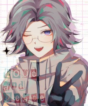 1boy aotsuki_eito black_gloves english_text eyebrows glasses gloves green_hair highres long_sleeves looking_at_viewer male_focus multicolored_hair one_eye_closed open_mouth parted_hair pink_hair simple_background solo solo_focus teeth the_hundred_line_-last_defense_academy- upper_body upper_teeth_only v white_background white_hair wink
