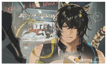 Rule 34 | 1other, 3boys, ?, animal ears, aosta (arknights), arknights, artist name, black hair, black pants, black shirt, blue jacket, blurry, blurry foreground, box, broca (arknights), cake, cake slice, chasing, chiave (arknights), commentary, confetti, dated, doctor (arknights), english commentary, food, gift, gift box, happy birthday, highres, jacket, jumpsuit, licking lips, looking to the side, male focus, multiple boys, one eye closed, orange hair, pants, plate, red jumpsuit, ribbon, roberako, shirt, sleeveless, sleeveless shirt, spoken question mark, tail, tiger boy, tiger ears, tiger tail, tongue, tongue out, upper body, white background, white hair, white shirt, yellow eyes