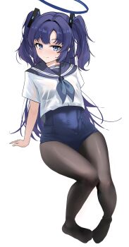 Rule 34 | 1girl, absurdres, black halo, black pantyhose, blue archive, commentary request, crcr (crchaorou), full body, halo, highres, long hair, mechanical halo, neckerchief, no shoes, one-piece swimsuit, pantyhose, pantyhose under swimsuit, purple hair, sailor collar, school swimsuit, school uniform, serafuku, shirt, sitting, smile, solo, swimsuit, swimsuit under clothes, two side up, wet, wet clothes, wet swimsuit, white shirt, yuuka (blue archive)